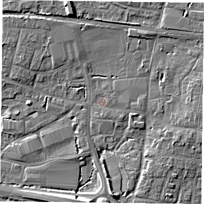 Shaded relief map of the ground around PO91FS, computed from Environment Agency LiDAR. The ground here sits at about 8 m above sea level and falls 10 m across the surrounding 800 m. Surface water reaching this point runs off ground lying to the east, 1.5 m higher.