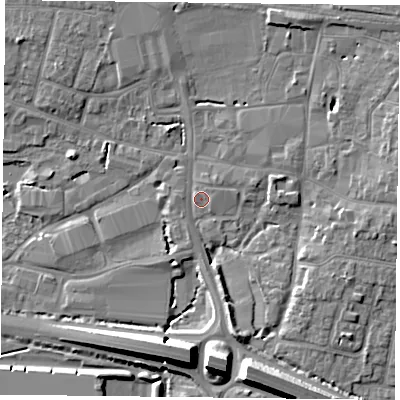 Shaded relief map of the ground around PO91HA, computed from Environment Agency LiDAR. The ground here sits at about 8 m above sea level and falls 11 m across the surrounding 800 m. Surface water reaching this point runs off ground lying to the south-south-east, 9.3 m higher.
