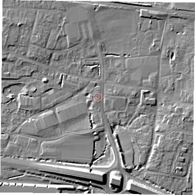 Shaded relief map of the ground around PO91HB, computed from Environment Agency LiDAR. The ground here sits at about 8 m above sea level and falls 11 m across the surrounding 800 m. Surface water reaching this point runs off ground lying to the south-south-east, 9.3 m higher.
