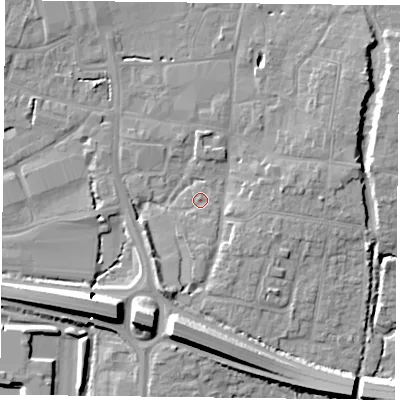 Shaded relief map of the ground around PO91HD, computed from Environment Agency LiDAR. The ground here sits at about 8 m above sea level and falls 11 m across the surrounding 800 m. Surface water reaching this point runs off ground lying to the south, 1.3 m higher.