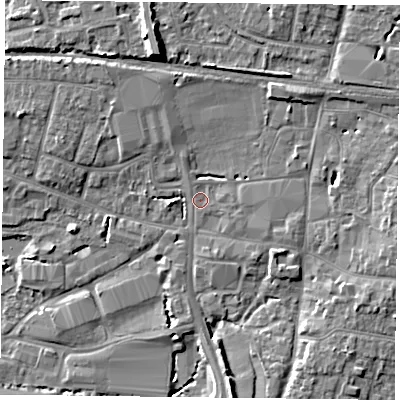 Shaded relief map of the ground around PO91HE, computed from Environment Agency LiDAR. The ground here sits at about 8 m above sea level and falls 10 m across the surrounding 800 m. Surface water reaching this point runs off ground lying to the east, 4.7 m higher.