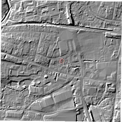 Shaded relief map of the ground around PO91HH, computed from Environment Agency LiDAR. The ground here sits at about 8 m above sea level and falls 11 m across the surrounding 800 m. Surface water reaching this point runs off ground lying to the north, 1.9 m higher.