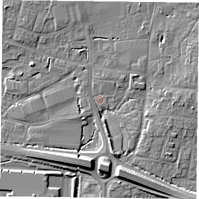 Shaded relief map of the ground around PO91HN, computed from Environment Agency LiDAR. The ground here sits at about 8 m above sea level and falls 11 m across the surrounding 800 m. Surface water reaching this point runs off ground lying to the south-south-east, 9.3 m higher.