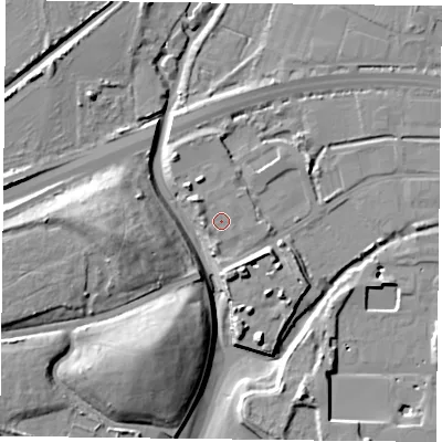 Shaded relief map of the ground around PO91HS, computed from Environment Agency LiDAR. The ground here sits at about 5 m above sea level and falls 20 m across the surrounding 800 m. Surface water reaching this point runs off ground lying to the north-west, 3.0 m higher.