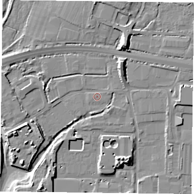Shaded relief map of the ground around PO91HU, computed from Environment Agency LiDAR. The ground here sits at about 4 m above sea level and falls 13 m across the surrounding 800 m. Surface water reaching this point runs off ground lying to the north-east, 7.9 m higher.