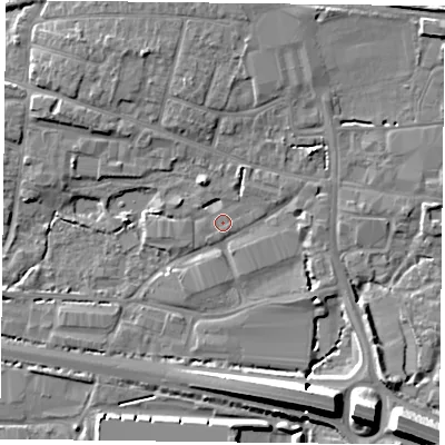 Shaded relief map of the ground around PO91JB, computed from Environment Agency LiDAR. The ground here sits at about 7 m above sea level and falls 11 m across the surrounding 800 m. Surface water reaching this point runs off ground lying to the north-north-east, 1.9 m higher.
