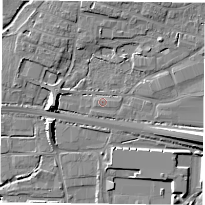 Shaded relief map of the ground around PO91JH, computed from Environment Agency LiDAR. The ground here sits at about 6 m above sea level and falls 13 m across the surrounding 800 m. Surface water reaching this point runs off ground lying to the east, 3.2 m higher.
