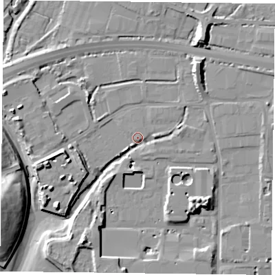Shaded relief map of the ground around PO91JN, computed from Environment Agency LiDAR. The ground here sits at about 4 m above sea level and falls 17 m across the surrounding 800 m. Surface water reaching this point runs off ground lying to the east-north-east, 3.9 m higher.