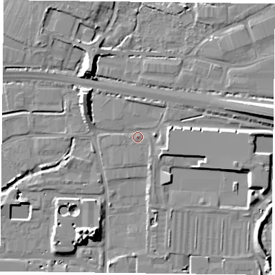 Shaded relief map of the ground around PO91JP, computed from Environment Agency LiDAR. The ground here sits at about 5 m above sea level and falls 12 m across the surrounding 800 m. Surface water reaching this point runs off ground lying to the east-north-east, 7.8 m higher.