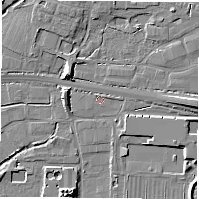 Shaded relief map of the ground around PO91JR, computed from Environment Agency LiDAR. The ground here sits at about 5 m above sea level and falls 12 m across the surrounding 800 m. Surface water reaching this point runs off ground lying to the east, 1.6 m higher.