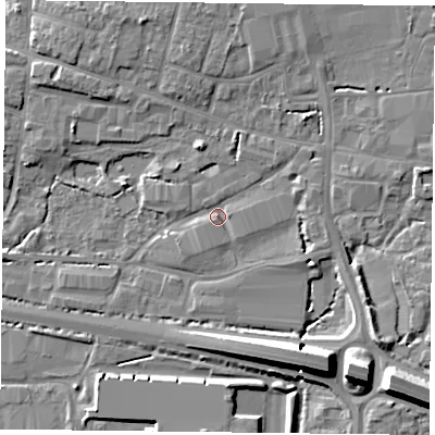 Shaded relief map of the ground around PO91JT, computed from Environment Agency LiDAR. The ground here sits at about 7 m above sea level and falls 11 m across the surrounding 800 m. Surface water reaching this point runs off ground lying to the south-east, 4.9 m higher.