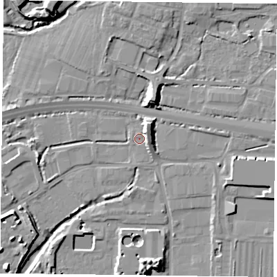 Shaded relief map of the ground around PO91JU, computed from Environment Agency LiDAR. The ground here sits at about 4 m above sea level and falls 13 m across the surrounding 800 m. Surface water reaching this point runs off ground lying to the north-east, 5.4 m higher.