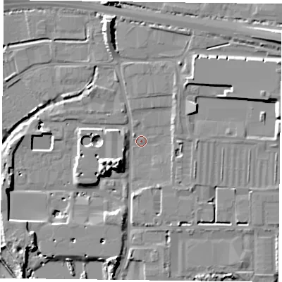 Shaded relief map of the ground around PO91JW, computed from Environment Agency LiDAR. The ground here sits at about 4 m above sea level and falls 11 m across the surrounding 800 m. Surface water reaching this point runs off ground lying to the north-east, 2.6 m higher.