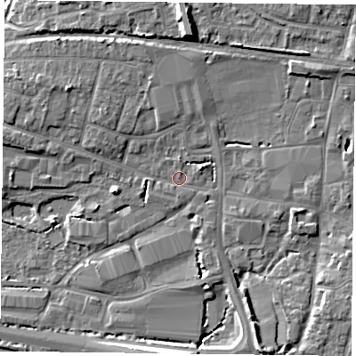 Shaded relief map of the ground around PO91JX, computed from Environment Agency LiDAR. The ground here sits at about 8 m above sea level and falls 10 m across the surrounding 800 m. Surface water reaching this point runs off ground lying to the north-east, 4.6 m higher.