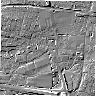 Shaded relief map of the ground around PO91LA, computed from Environment Agency LiDAR. The ground here sits at about 8 m above sea level and falls 11 m across the surrounding 800 m. Surface water reaching this point runs off ground lying to the north-east, 4.6 m higher.