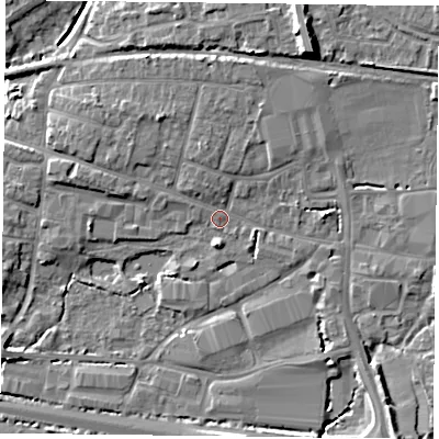 Shaded relief map of the ground around PO91LD, computed from Environment Agency LiDAR. The ground here sits at about 7 m above sea level and falls 11 m across the surrounding 800 m. Surface water reaching this point runs off ground lying to the north-north-west, 3.4 m higher.