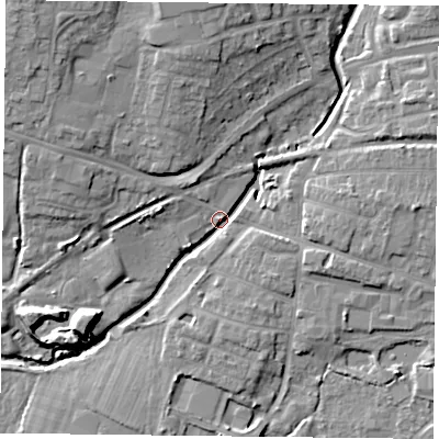 Shaded relief map of the ground around PO91LH, computed from Environment Agency LiDAR. The ground here sits at about 7 m above sea level and falls 15 m across the surrounding 800 m. Surface water reaching this point runs off ground lying to the east, 7.0 m higher.