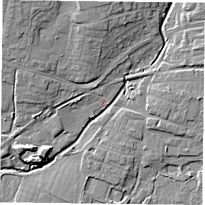 Shaded relief map of the ground around PO91LJ, computed from Environment Agency LiDAR. The ground here sits at about 7 m above sea level and falls 15 m across the surrounding 800 m. Surface water reaching this point runs off ground lying to the west, 3.5 m higher.