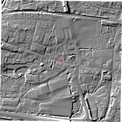 Shaded relief map of the ground around PO91LN, computed from Environment Agency LiDAR. The ground here sits at about 7 m above sea level and falls 10 m across the surrounding 800 m. Surface water reaching this point runs off ground lying to the north-east, 3.9 m higher.