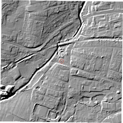 Shaded relief map of the ground around PO91LR, computed from Environment Agency LiDAR. The ground here sits at about 7 m above sea level and falls 14 m across the surrounding 800 m. Surface water reaching this point runs off ground lying to the east, 3.6 m higher.
