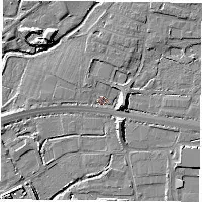 Shaded relief map of the ground around PO91LS, computed from Environment Agency LiDAR. The ground here sits at about 5 m above sea level and falls 13 m across the surrounding 800 m. Surface water reaching this point runs off ground lying to the north-north-west, 4.5 m higher.