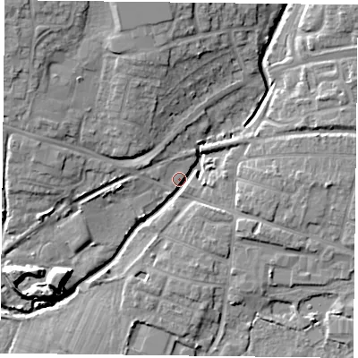 Shaded relief map of the ground around PO91LT, computed from Environment Agency LiDAR. The ground here sits at about 7 m above sea level and falls 15 m across the surrounding 800 m. Surface water reaching this point runs off ground lying to the east, 7.0 m higher.