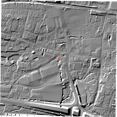 Shaded relief map of the ground around PO91LU, computed from Environment Agency LiDAR. The ground here sits at about 8 m above sea level and falls 11 m across the surrounding 800 m. Surface water reaching this point runs off ground lying to the south-south-east, 9.3 m higher.