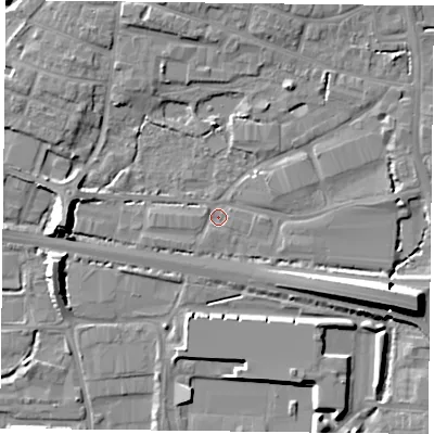 Shaded relief map of the ground around PO91LX, computed from Environment Agency LiDAR. The ground here sits at about 5 m above sea level and falls 12 m across the surrounding 800 m. Surface water reaching this point runs off ground lying to the east, 3.0 m higher.