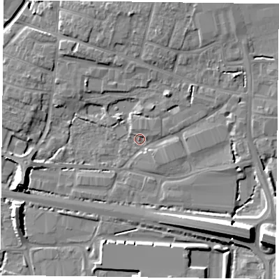 Shaded relief map of the ground around PO91LZ, computed from Environment Agency LiDAR. The ground here sits at about 6 m above sea level and falls 12 m across the surrounding 800 m. Surface water reaching this point runs off ground lying to the north-north-east, 3.1 m higher.