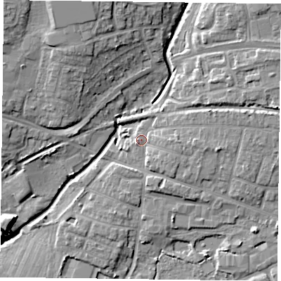 Shaded relief map of the ground around PO91NH, computed from Environment Agency LiDAR. The ground here sits at about 8 m above sea level and falls 14 m across the surrounding 800 m. Surface water reaching this point runs off ground lying to the east, 2.6 m higher.