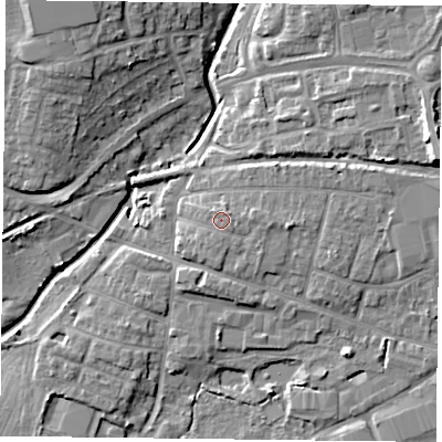 Shaded relief map of the ground around PO91NJ, computed from Environment Agency LiDAR. The ground here sits at about 10 m above sea level and falls 12 m across the surrounding 800 m. Surface water reaching this point runs off ground lying to the north-east, 0.8 m higher.