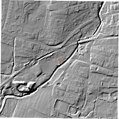 Shaded relief map of the ground around PO91NL, computed from Environment Agency LiDAR. The ground here sits at about 7 m above sea level and falls 16 m across the surrounding 800 m. Surface water reaching this point runs off ground lying to the west-north-west, 2.9 m higher.