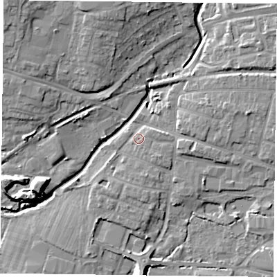 Shaded relief map of the ground around PO91NN, computed from Environment Agency LiDAR. The ground here sits at about 7 m above sea level and falls 14 m across the surrounding 800 m. Surface water reaching this point runs off ground lying to the east, 2.6 m higher.