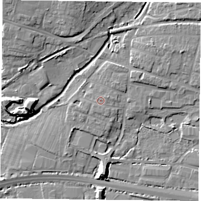 Shaded relief map of the ground around PO91NR, computed from Environment Agency LiDAR. The ground here sits at about 8 m above sea level and falls 12 m across the surrounding 800 m. Surface water reaching this point runs off ground lying to the east-north-east, 0.8 m higher.