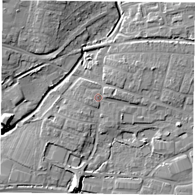Shaded relief map of the ground around PO91NT, computed from Environment Agency LiDAR. The ground here sits at about 8 m above sea level and falls 13 m across the surrounding 800 m. Surface water reaching this point runs off ground lying to the west-south-west, 1.2 m higher.