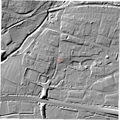 Shaded relief map of the ground around PO91NU, computed from Environment Agency LiDAR. The ground here sits at about 7 m above sea level and falls 11 m across the surrounding 800 m. Surface water reaching this point runs off ground lying to the north-north-east, 2.9 m higher.