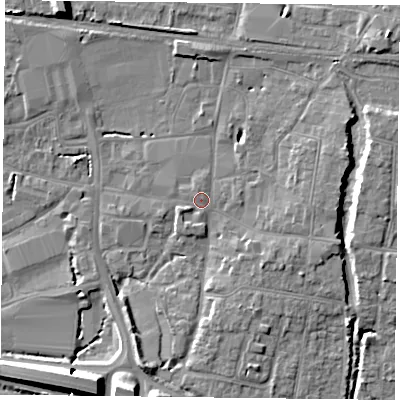 Shaded relief map of the ground around PO91PE, computed from Environment Agency LiDAR. The ground here sits at about 9 m above sea level and falls 11 m across the surrounding 800 m. Surface water reaching this point runs off ground lying to the south-west, 1.3 m higher.