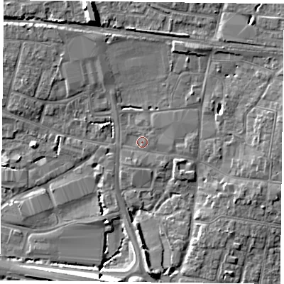 Shaded relief map of the ground around PO91PG, computed from Environment Agency LiDAR. The ground here sits at about 8 m above sea level and falls 10 m across the surrounding 800 m. Surface water reaching this point runs off ground lying to the east, 1.4 m higher.