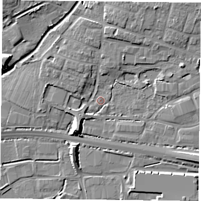 Shaded relief map of the ground around PO91PH, computed from Environment Agency LiDAR. The ground here sits at about 5 m above sea level and falls 11 m across the surrounding 800 m. Surface water reaching this point runs off ground lying to the south-west, 6.6 m higher.