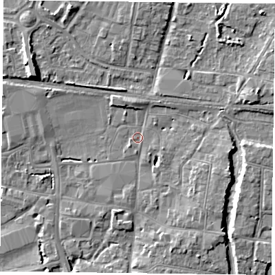 Shaded relief map of the ground around PO91PP, computed from Environment Agency LiDAR. The ground here sits at about 9 m above sea level and falls 9 m across the surrounding 800 m. Surface water reaching this point runs off ground lying to the east-north-east, 3.1 m higher.