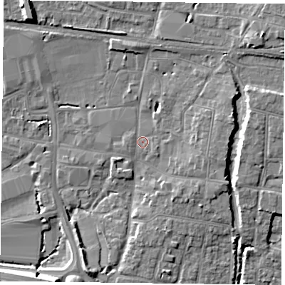 Shaded relief map of the ground around PO91PR, computed from Environment Agency LiDAR. The ground here sits at about 9 m above sea level and falls 10 m across the surrounding 800 m. Surface water reaching this point runs off ground lying to the east, 1.2 m higher.