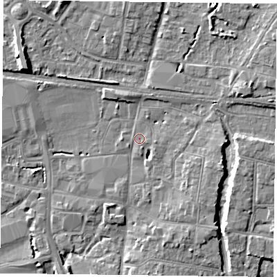 Shaded relief map of the ground around PO91PT, computed from Environment Agency LiDAR. The ground here sits at about 9 m above sea level and falls 9 m across the surrounding 800 m. Surface water reaching this point runs off ground lying to the east-north-east, 3.1 m higher.