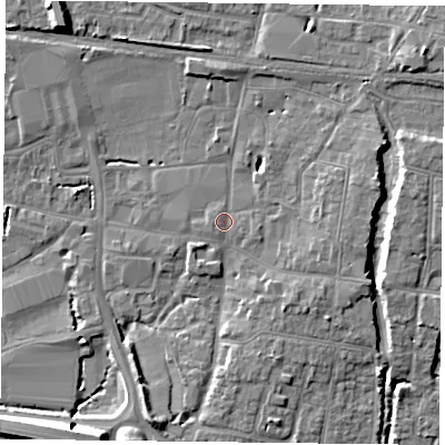 Shaded relief map of the ground around PO91PW, computed from Environment Agency LiDAR. The ground here sits at about 9 m above sea level and falls 10 m across the surrounding 800 m. Surface water reaching this point runs off ground lying to the east, 1.2 m higher.