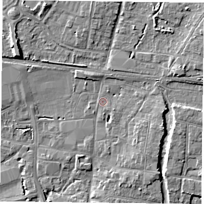 Shaded relief map of the ground around PO91PX, computed from Environment Agency LiDAR. The ground here sits at about 9 m above sea level and falls 9 m across the surrounding 800 m. Surface water reaching this point runs off ground lying to the east-north-east, 3.1 m higher.