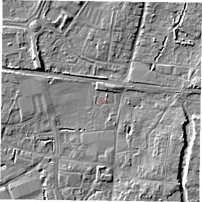 Shaded relief map of the ground around PO91PY, computed from Environment Agency LiDAR. The ground here sits at about 9 m above sea level and falls 9 m across the surrounding 800 m. Surface water reaching this point runs off ground lying to the north-north-east, 2.2 m higher.