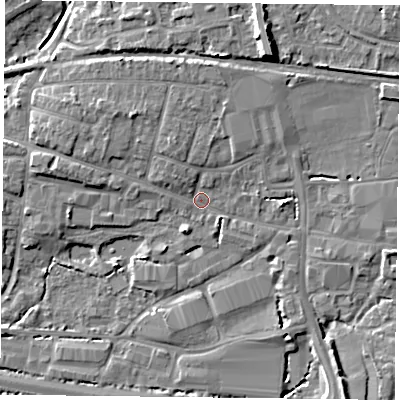 Shaded relief map of the ground around PO91QB, computed from Environment Agency LiDAR. The ground here sits at about 7 m above sea level and falls 11 m across the surrounding 800 m. Surface water reaching this point runs off ground lying to the east-north-east, 3.9 m higher.