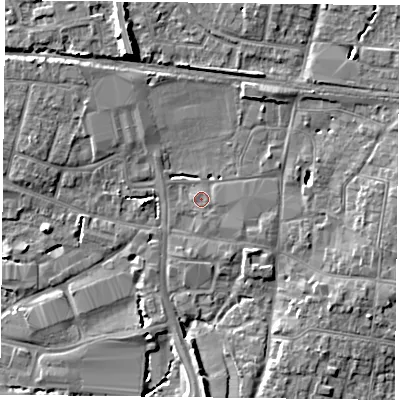Shaded relief map of the ground around PO91QD, computed from Environment Agency LiDAR. The ground here sits at about 8 m above sea level and falls 10 m across the surrounding 800 m. Surface water reaching this point runs off ground lying to the east, 5.3 m higher.
