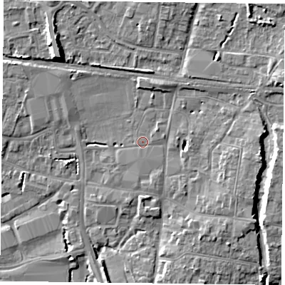 Shaded relief map of the ground around PO91QE, computed from Environment Agency LiDAR. The ground here sits at about 9 m above sea level and falls 10 m across the surrounding 800 m. Surface water reaching this point runs off ground lying to the east, 5.9 m higher.