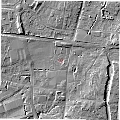 Shaded relief map of the ground around PO91QF, computed from Environment Agency LiDAR. The ground here sits at about 9 m above sea level and falls 9 m across the surrounding 800 m. Surface water reaching this point runs off ground lying to the north-north-east, 2.2 m higher.
