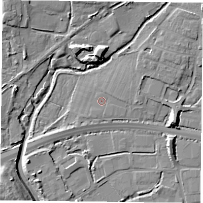Shaded relief map of the ground around PO91QJ, computed from Environment Agency LiDAR. The ground here sits at about 5 m above sea level and falls 16 m across the surrounding 800 m. Surface water reaching this point runs off ground lying to the east-north-east, 1.7 m higher.